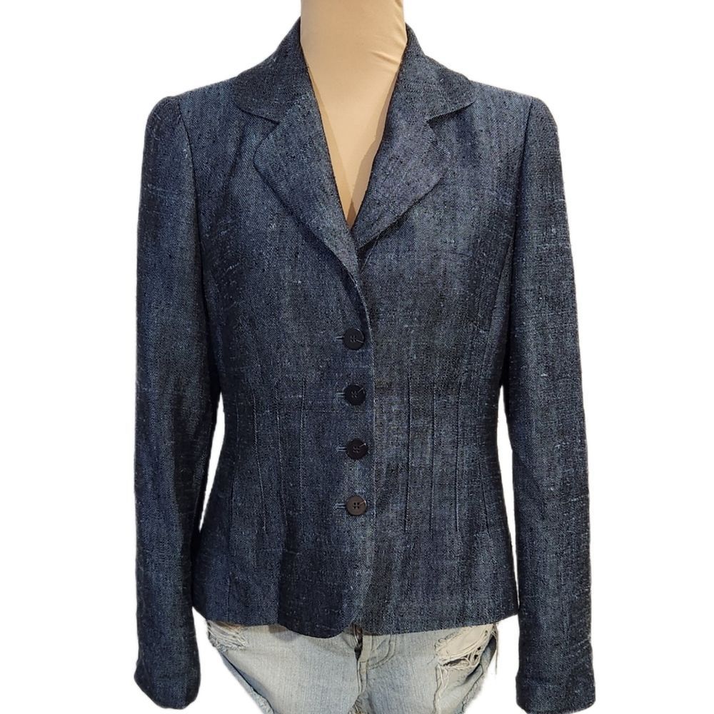 NINA MCLEMORE blue 100%  textured silk   blazer jacket size 6